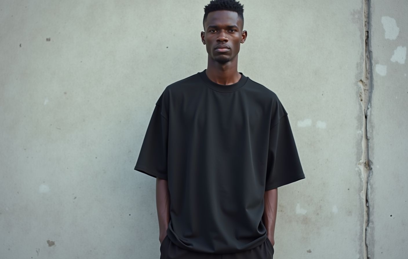 A man in an oversized black PYRADOS t-shirt against a concrete wall
